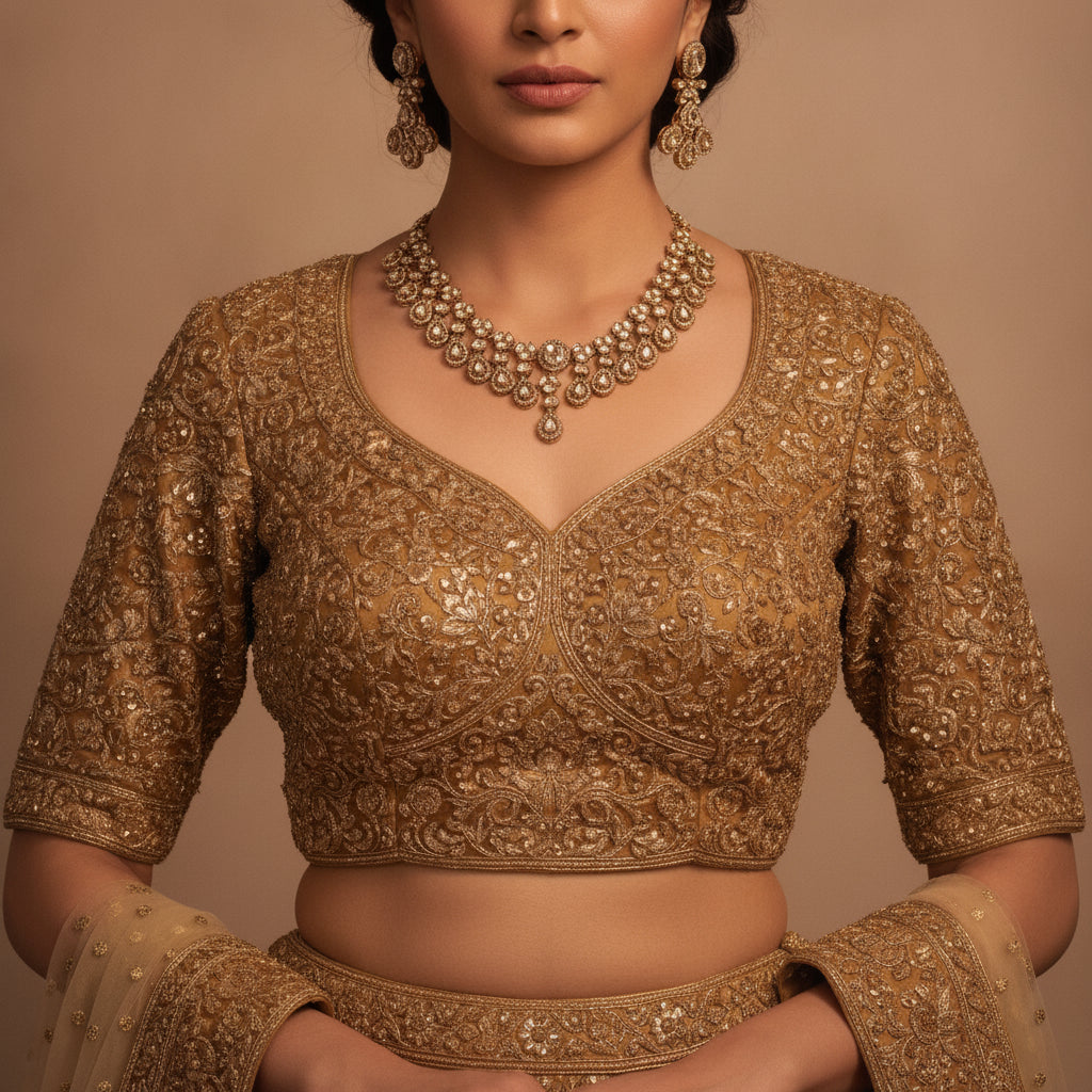 Golden Heirloom Necklace Set - Model view featuring luxury jewelry design.
