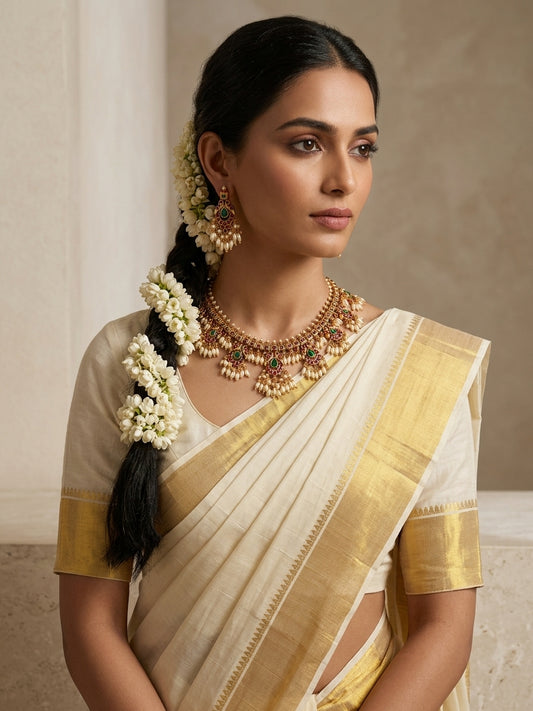 Ornate Rivaaz Guttapusalu Necklace Set - Model view featuring luxury jewelry design.
