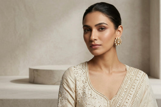 Polki Sunburst Studs - Model view featuring luxury jewelry design.