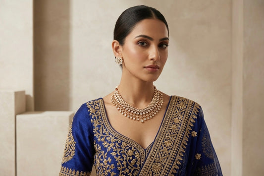 Adhira Kundan Necklace Set - Model view featuring luxury jewelry design.