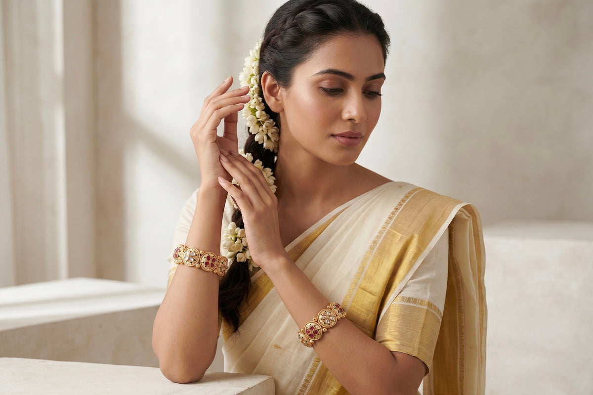 Anvaya Floral Gold Kada - Model view featuring luxury jewelry design.