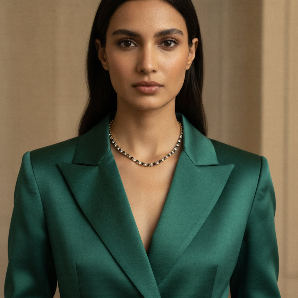 Elegance Tennis Necklace - Model view featuring luxury jewelry design.