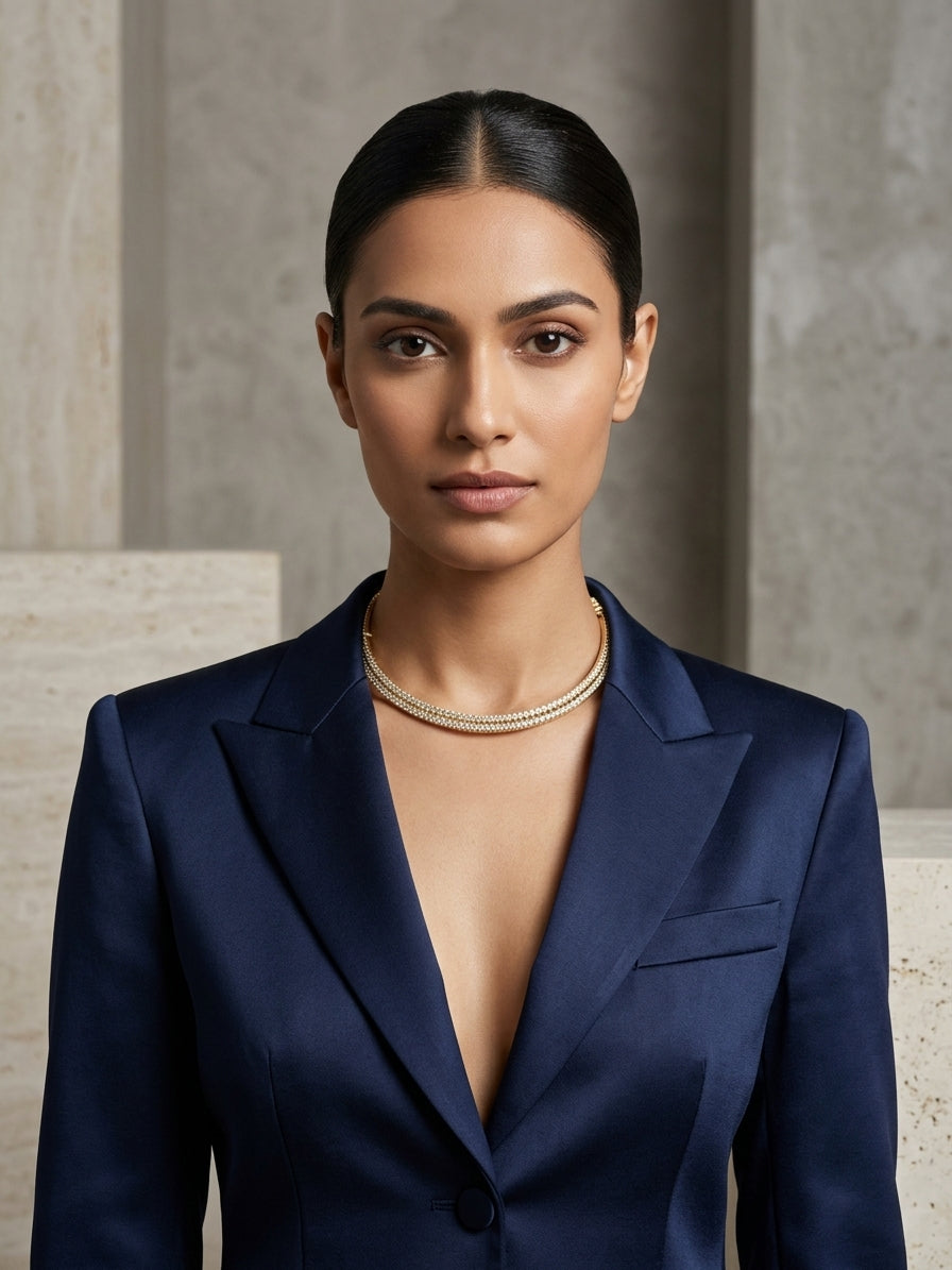 Embrace Silk Double Layer Hasli - Model view featuring luxury jewelry design.