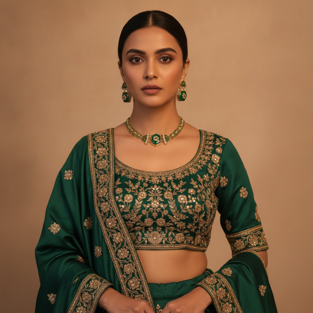 Green Enamel Hexagonal Set - Model view featuring luxury jewelry design.