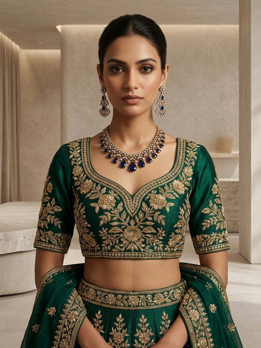 Indigo Drape Necklace Set - Model view featuring luxury jewelry design.