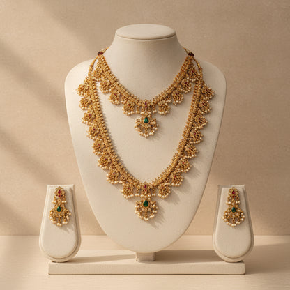 Majestic Gold Guttapusalu Necklace Set - Studio shot featuring luxury jewelry design.