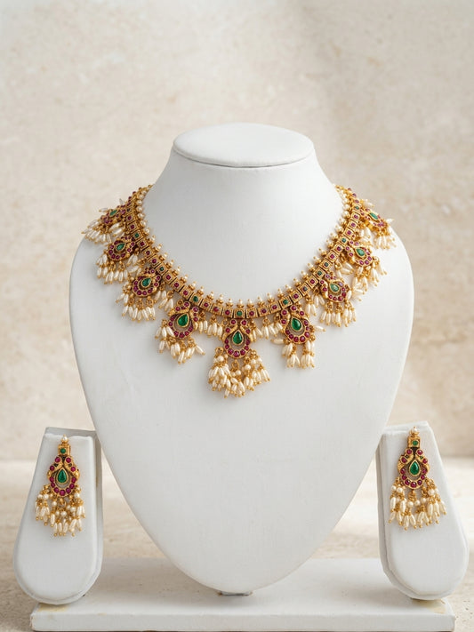 Ornate Rivaaz Guttapusalu Necklace Set - Studio shot featuring luxury jewelry design.