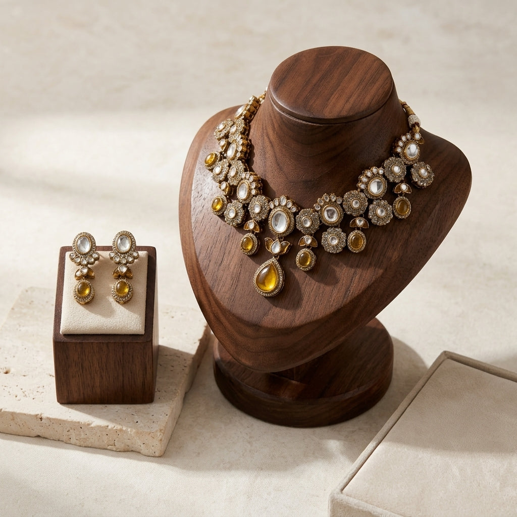 Polki Cluster Necklace Set - Studio shot featuring luxury jewelry design.