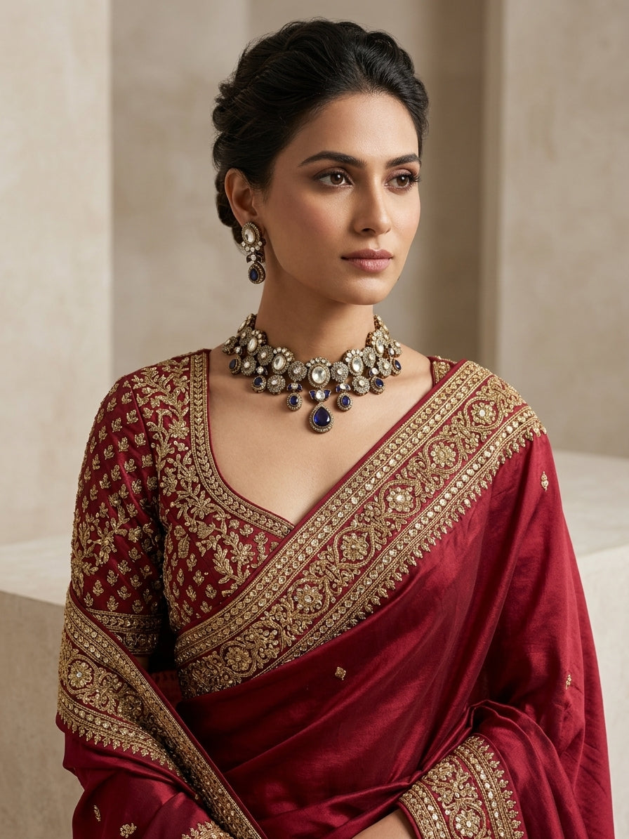 Polki Cluster Necklace Set - Model view featuring luxury jewelry design.