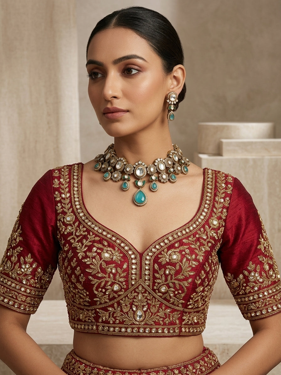 Polki Cluster Necklace Set - Model view featuring luxury jewelry design.