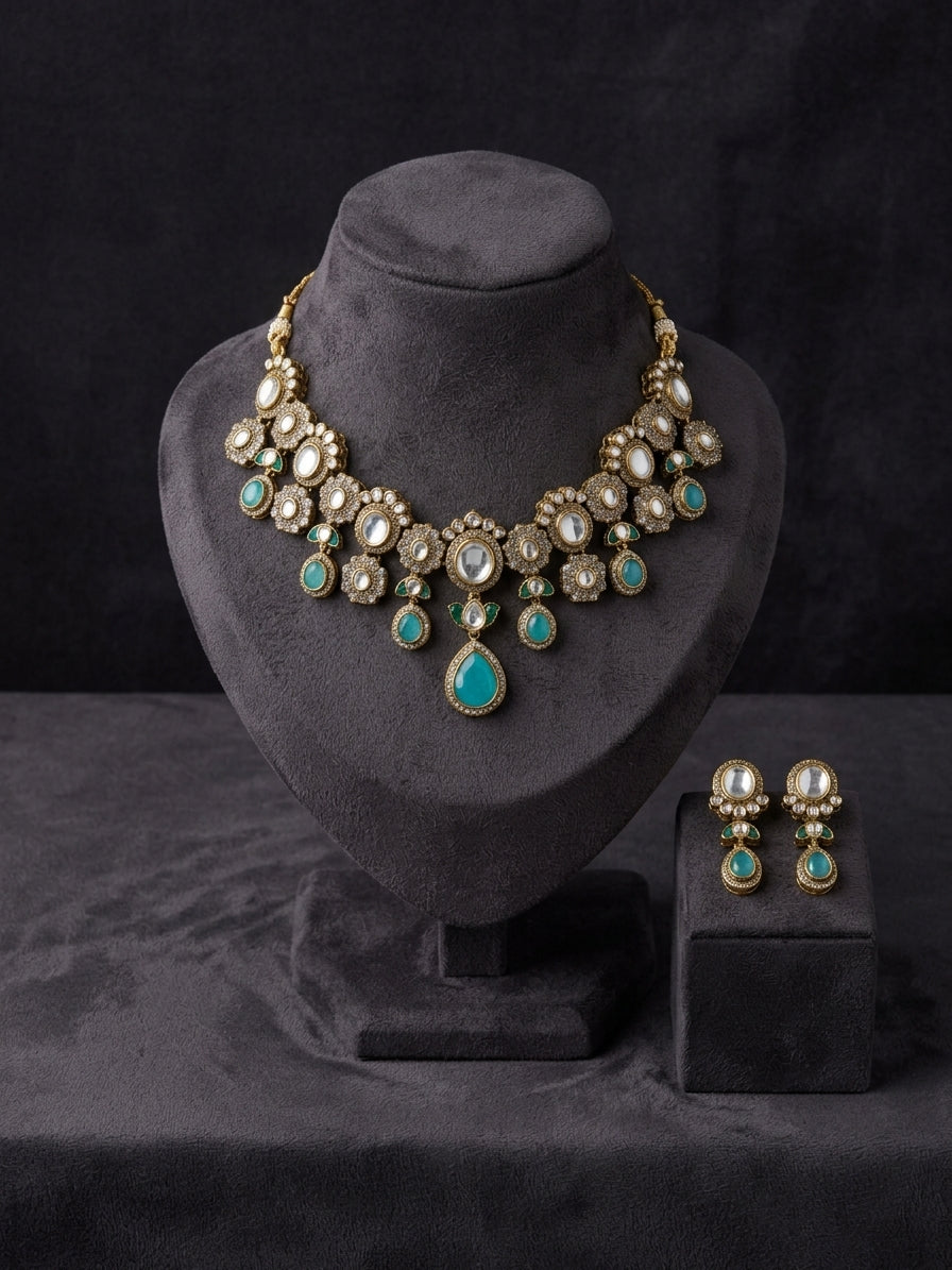 Polki Cluster Necklace Set - Studio shot featuring luxury jewelry design.