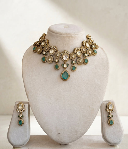 Polki Cluster Necklace Set - Studio shot featuring luxury jewelry design.