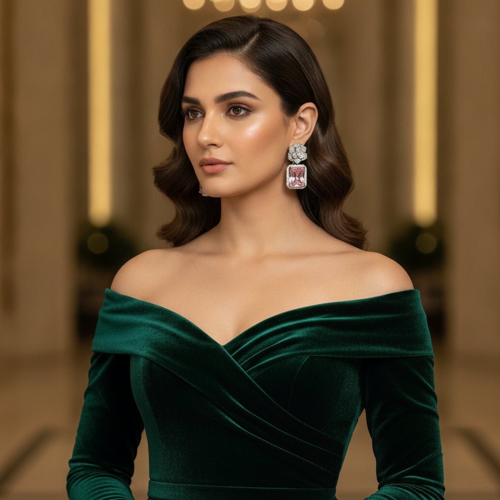 Rose Solitaire Drop Earrings - Model view featuring luxury jewelry design.